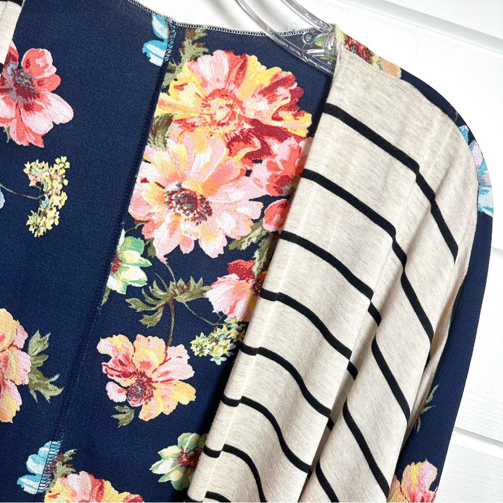 Floral Striped Open Front Cardigan Kimono Oversized Sz S Boho Cottagecore Casual - Picture 2 of 9
